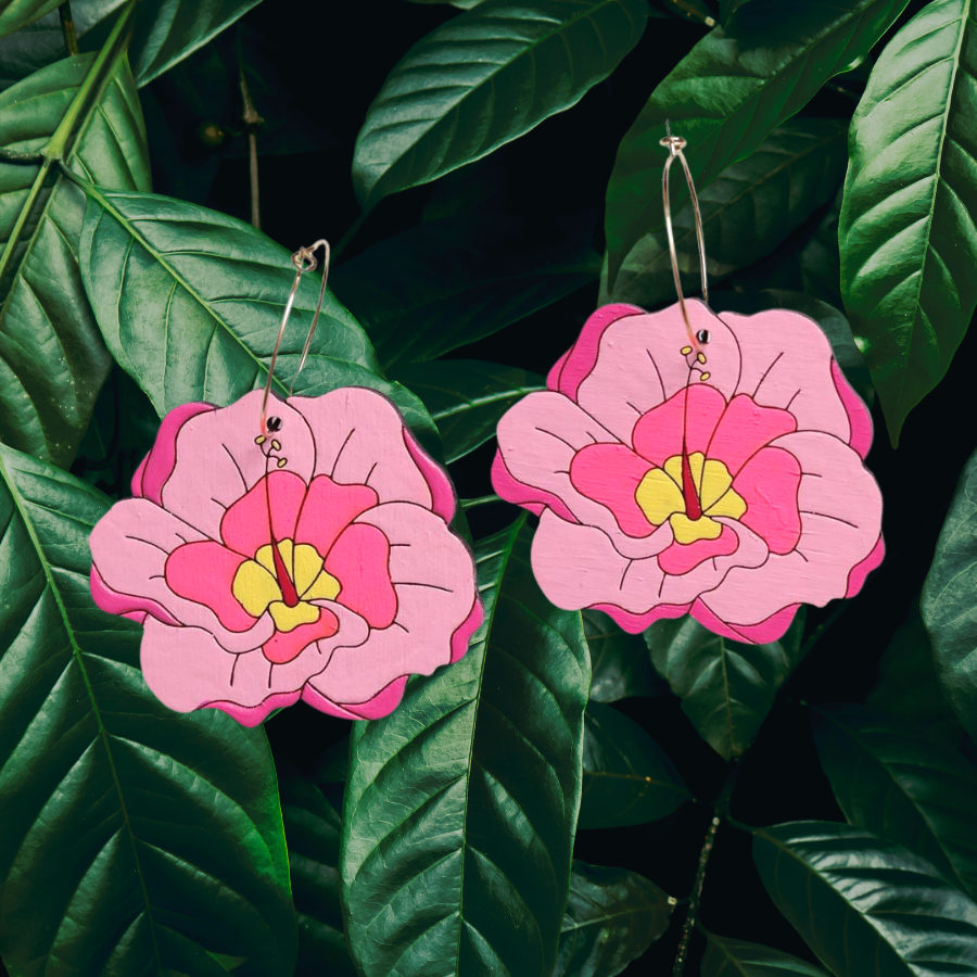 Hibiscus Flower Hoop Dangle Earrings