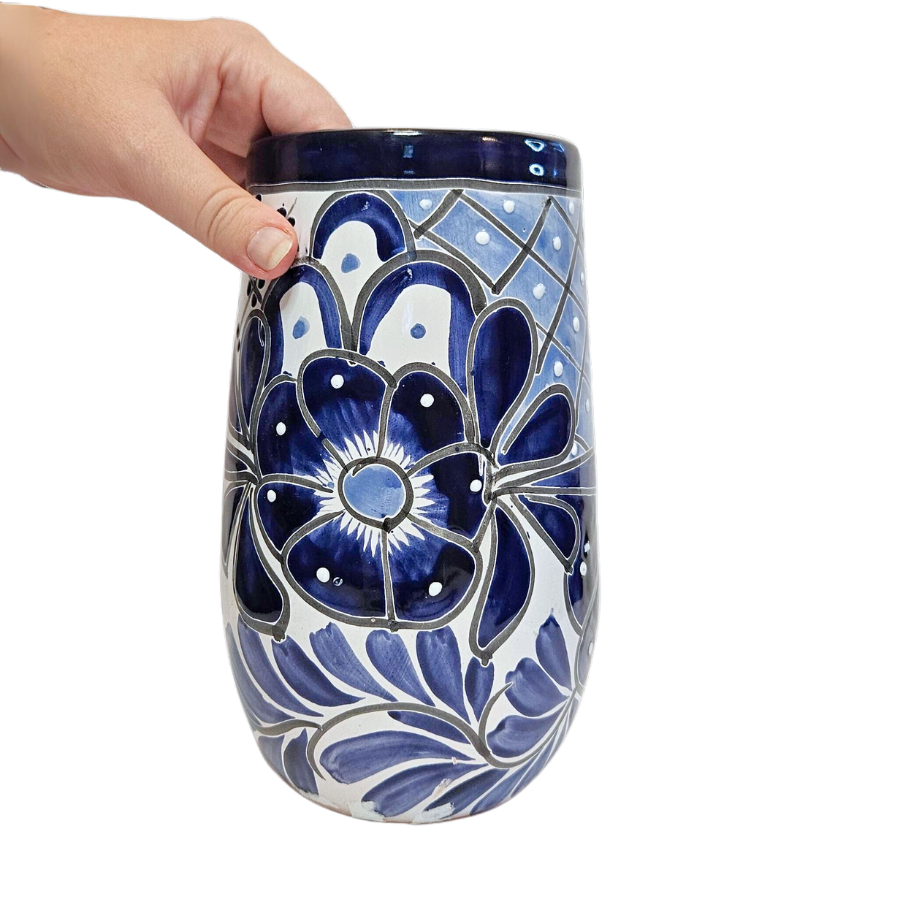 Blue & White Mexican Pottery Vase - Floral