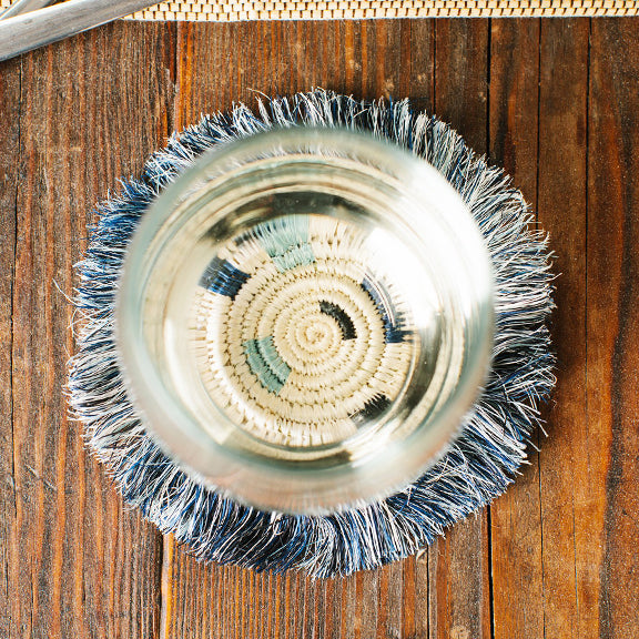 Handwoven Blue Geo Fringe Coasters