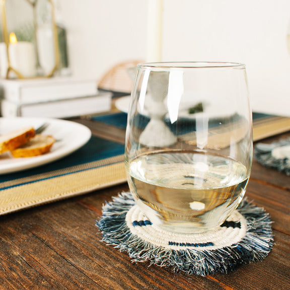 Handwoven Blue Geo Fringe Coasters