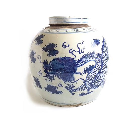 Blue & White Chinoiserie Handpainted Dragon Ginger Jar