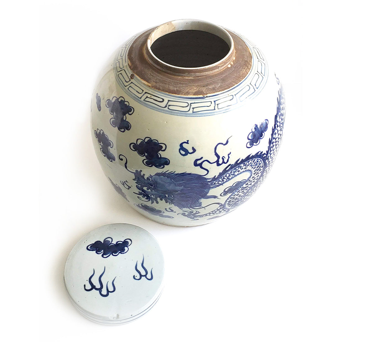 Blue & White Chinoiserie Handpainted Dragon Ginger Jar