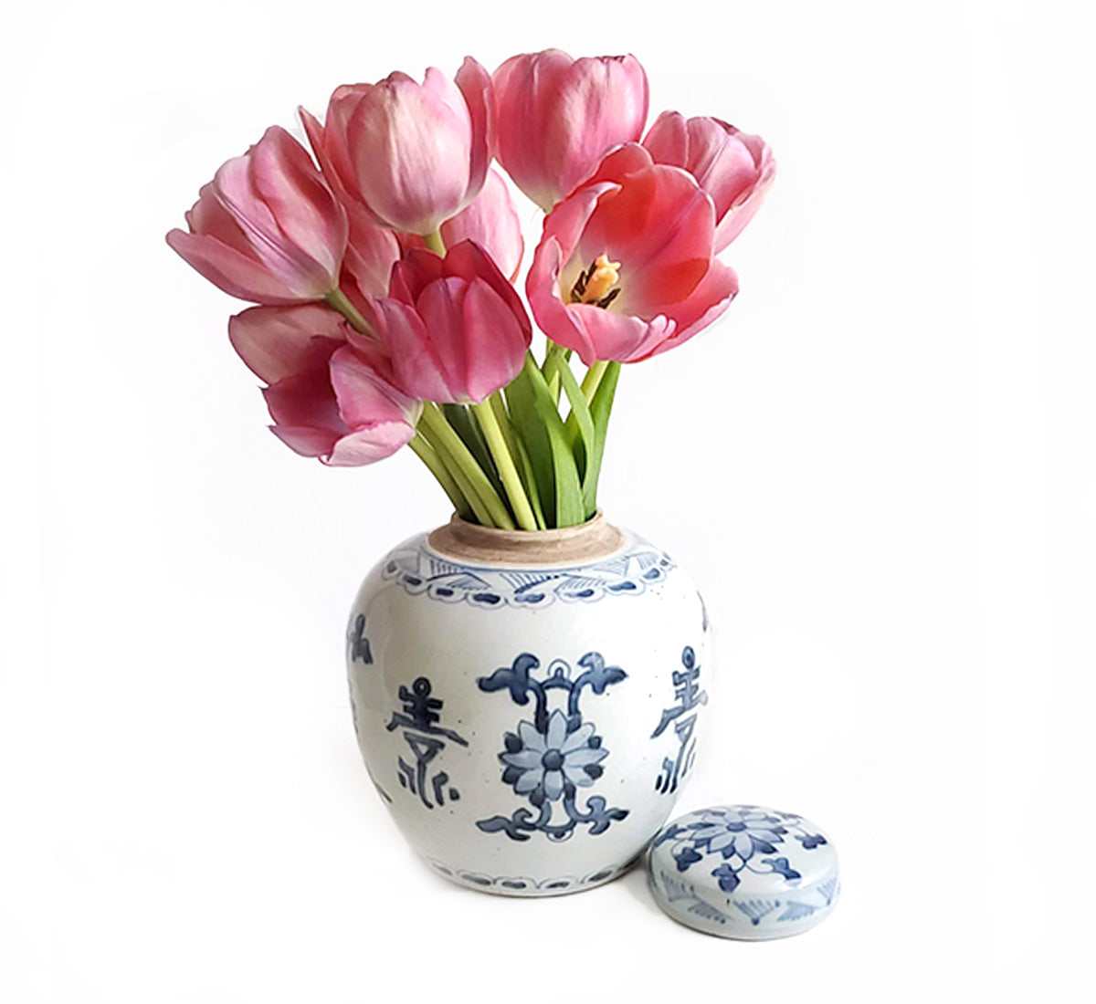 Blue & White Chinoiserie Handpainted Ginger Jar - Floral Motif