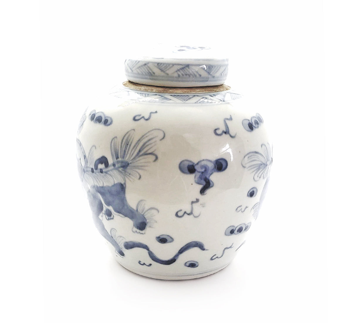 Blue & White Chinoiserie Handpainted Ginger Jar - Foo Dogs Motif