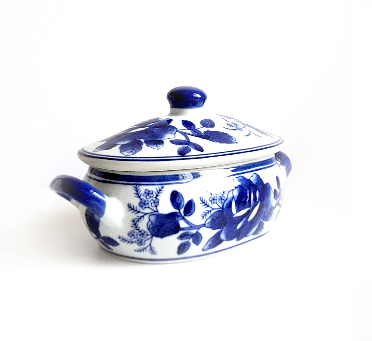 Blue & White Chinoiserie Handpainted Rose Serving Dish