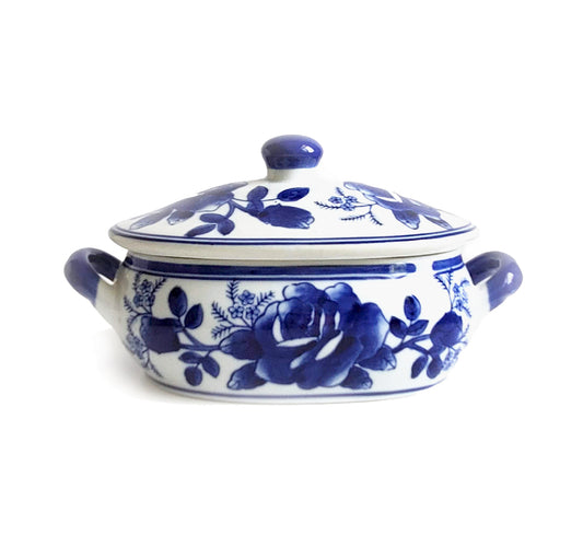 Blue & White Chinoiserie Handpainted Rose Serving Dish