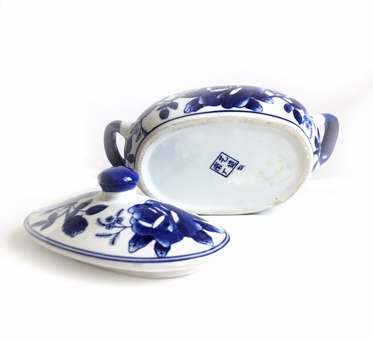 Blue & White Chinoiserie Handpainted Rose Serving Dish