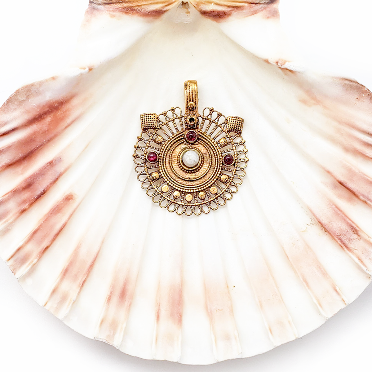 Recycled Brass Bejeweled Statement Pendant - Garnet & White Agate Gemstone (ONLY 1 LEFT)