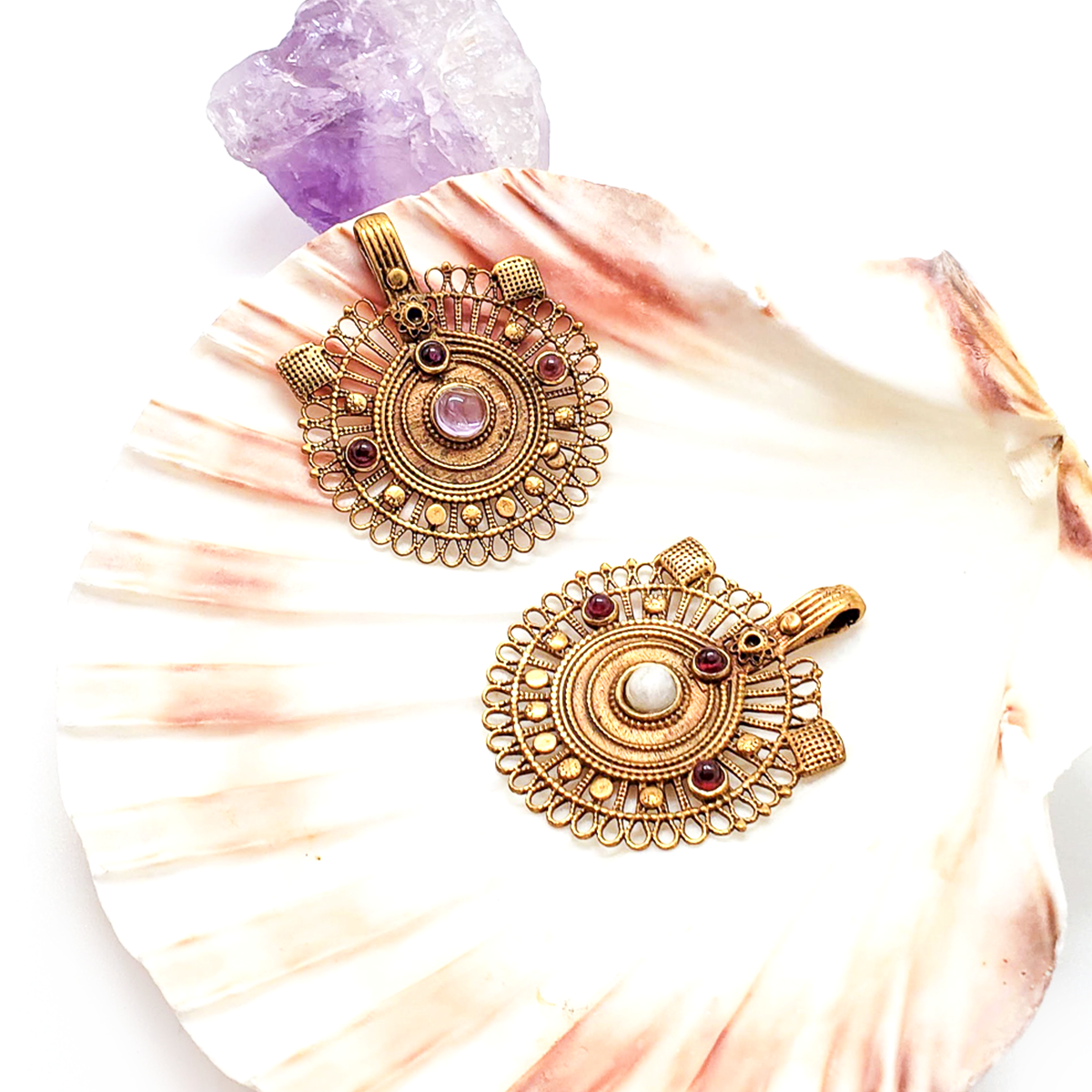 Recycled Brass Bejeweled Statement Pendant - Garnet & White Agate Gemstone (ONLY 1 LEFT)
