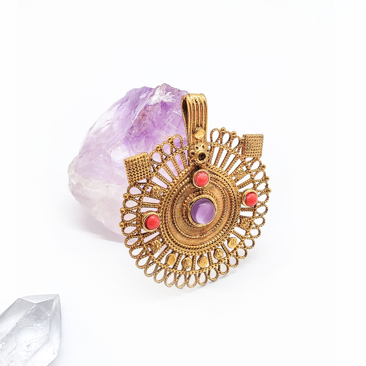 Recycled Brass Bejeweled Statement Pendant - Red Coral & Amethyst Gemstone