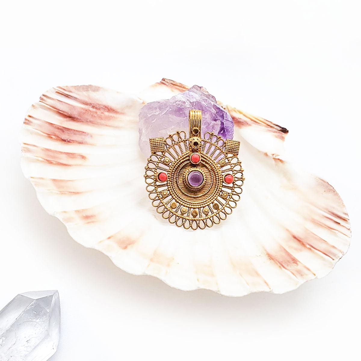 Recycled Brass Bejeweled Statement Pendant - Red Coral & Amethyst Gemstone