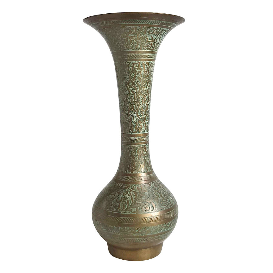Indian Carved Brass Vase - Aqua