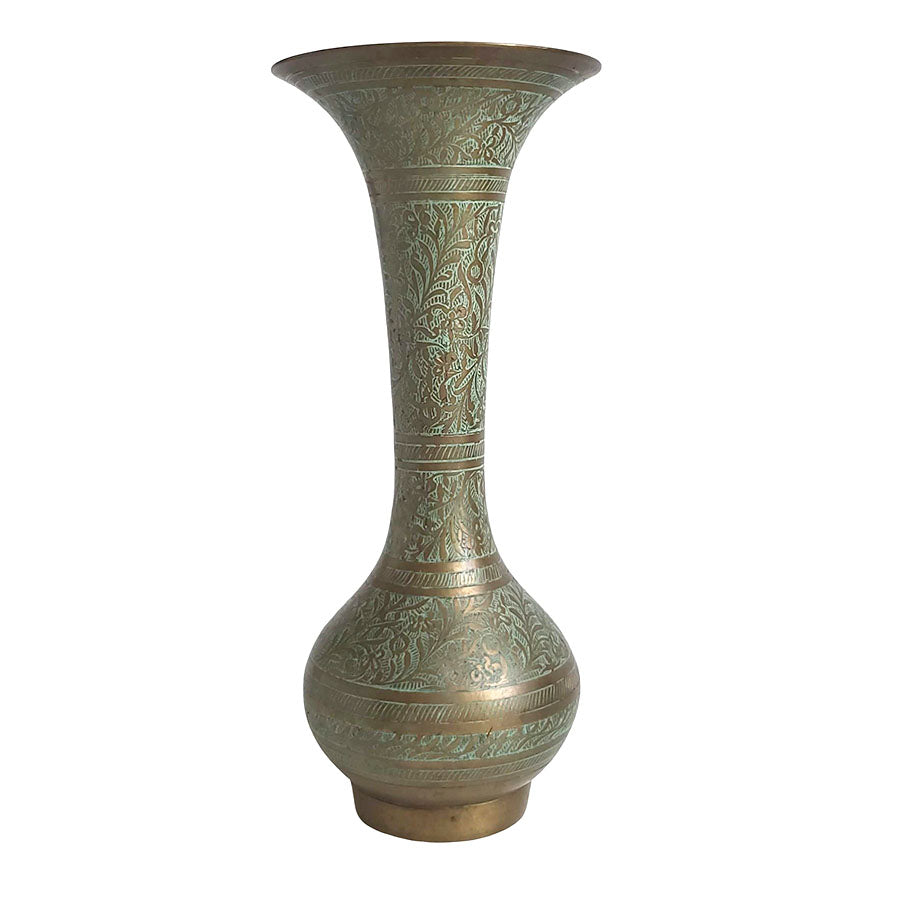 Indian Carved Brass Vase - Aqua