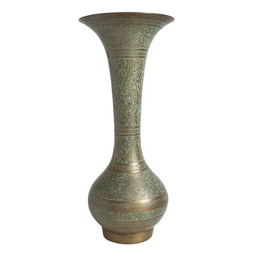 Indian Carved Brass Vase - Aqua