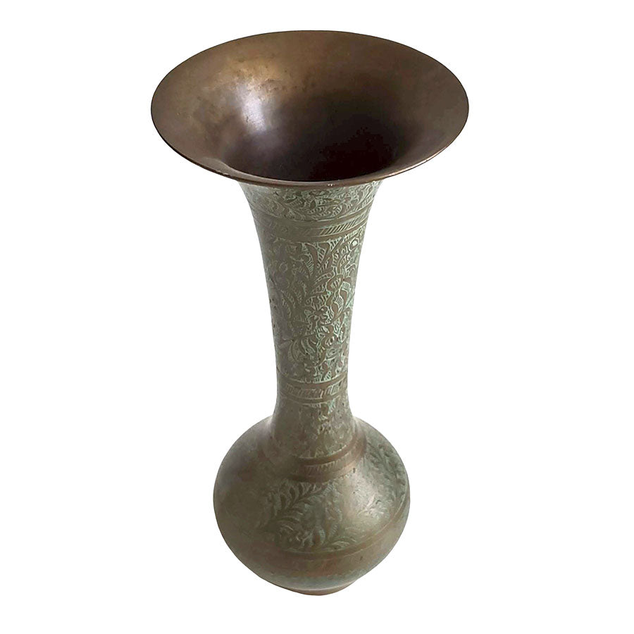 Indian Carved Brass Vase - Aqua