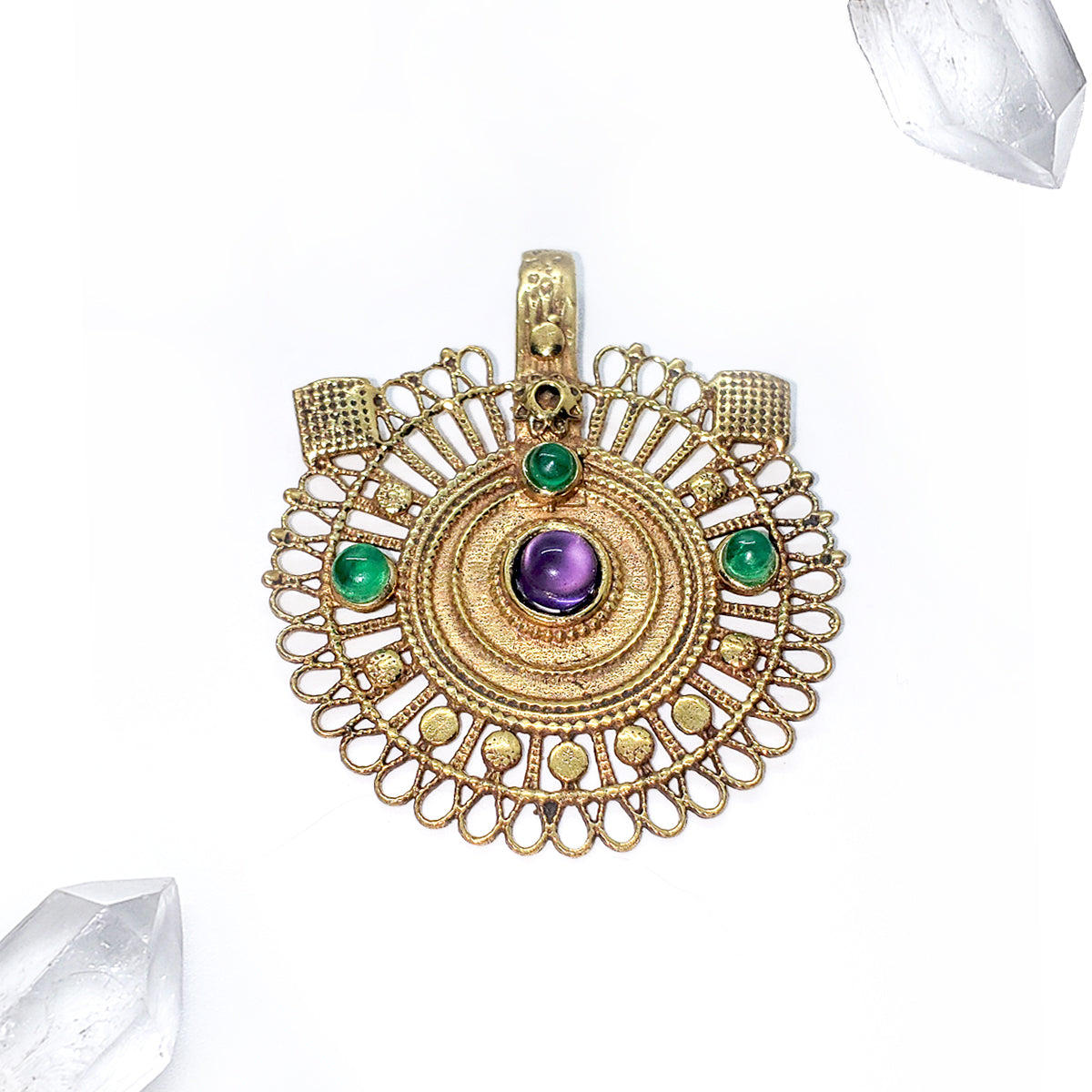 Recycled Brass Bejeweled Statement Pendant - Green Apatite & Amethyst Gemstone