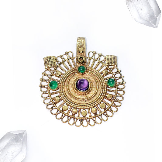 Recycled Brass Bejeweled Statement Pendant - Green Apatite & Amethyst Gemstone