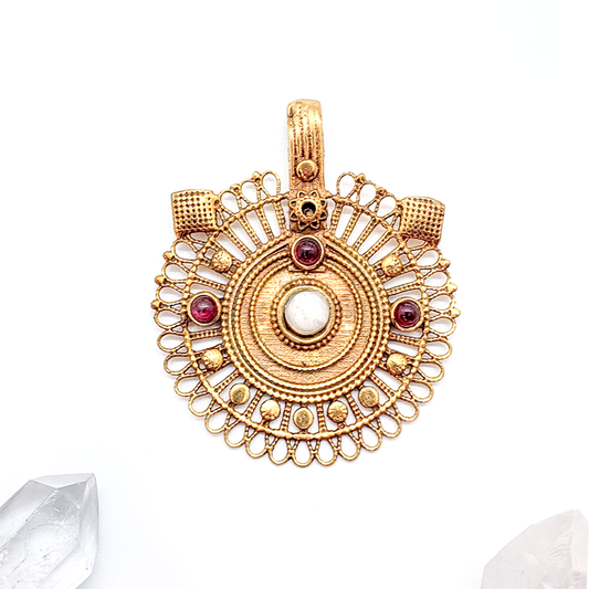 Recycled Brass Bejeweled Statement Pendant - Garnet & White Agate Gemstone (ONLY 1 LEFT)