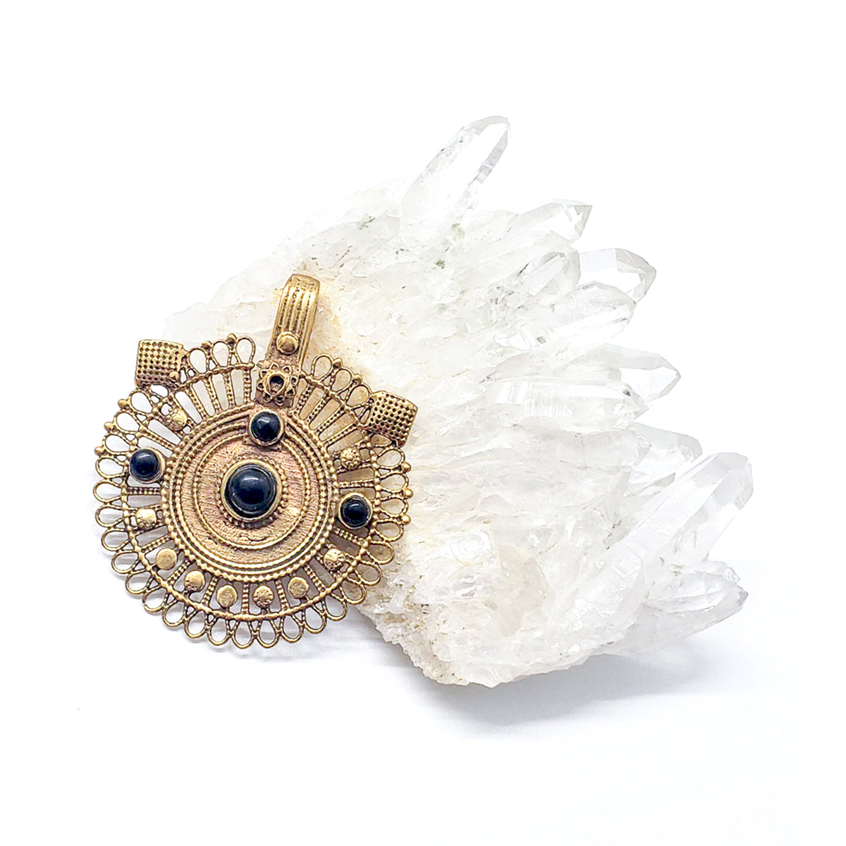 Recycled Brass Bejeweled Statement Pendant - Onyx Gemstone