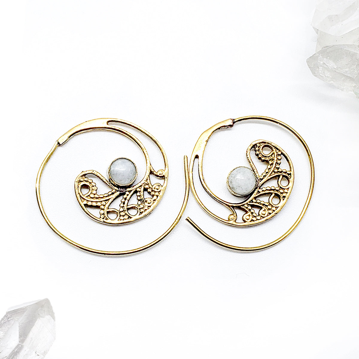 Recycled Brass Spiral Tribal Earrings with White Agate (ONLY 1 LEFT)
