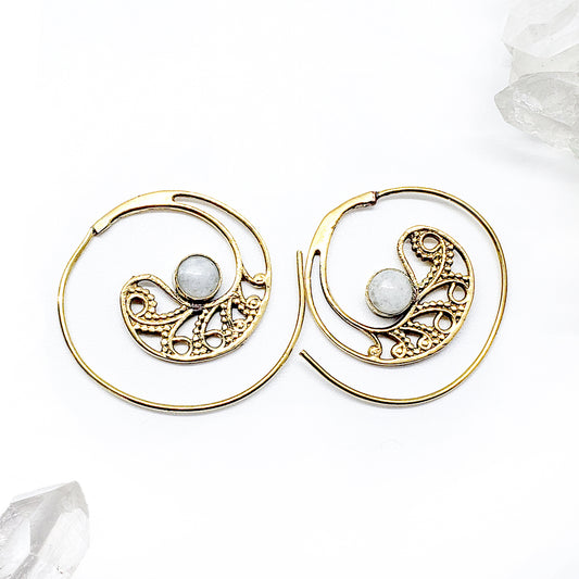 Recycled Brass Spiral Tribal Earrings with White Agate  (ONLY 1 LEFT)