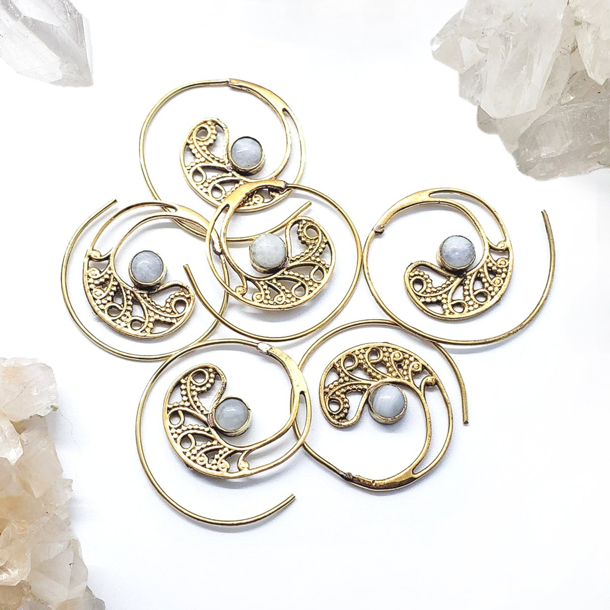 Recycled Brass Spiral Tribal Earrings with White Agate (ONLY 1 LEFT)