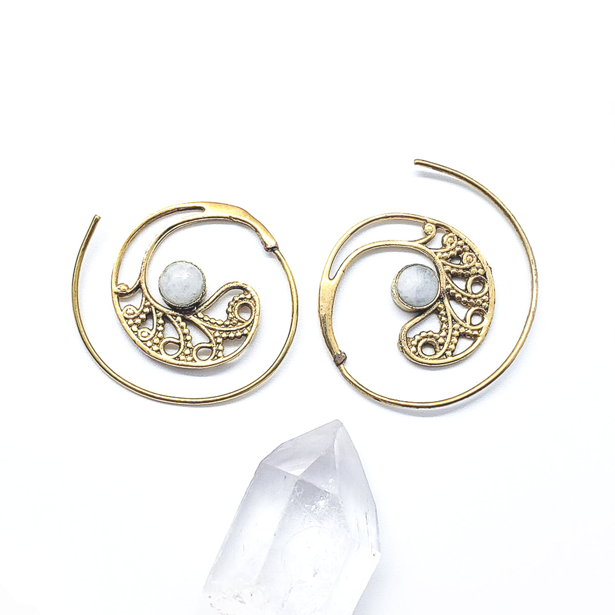 Recycled Brass Spiral Tribal Earrings with White Agate (ONLY 1 LEFT)