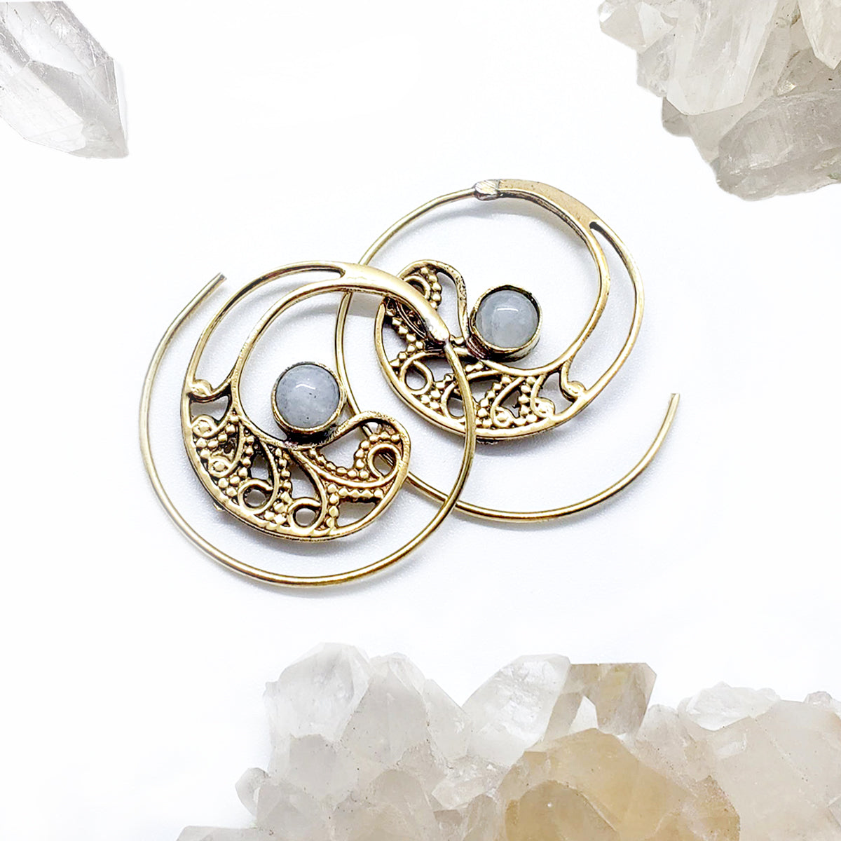 Recycled Brass Spiral Tribal Earrings with White Agate (ONLY 1 LEFT)