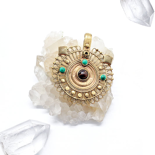 Recycled Brass Bejeweled Statement Pendant - Turquoise & Tigereye Gemstone (ONLY 1 LEFT)