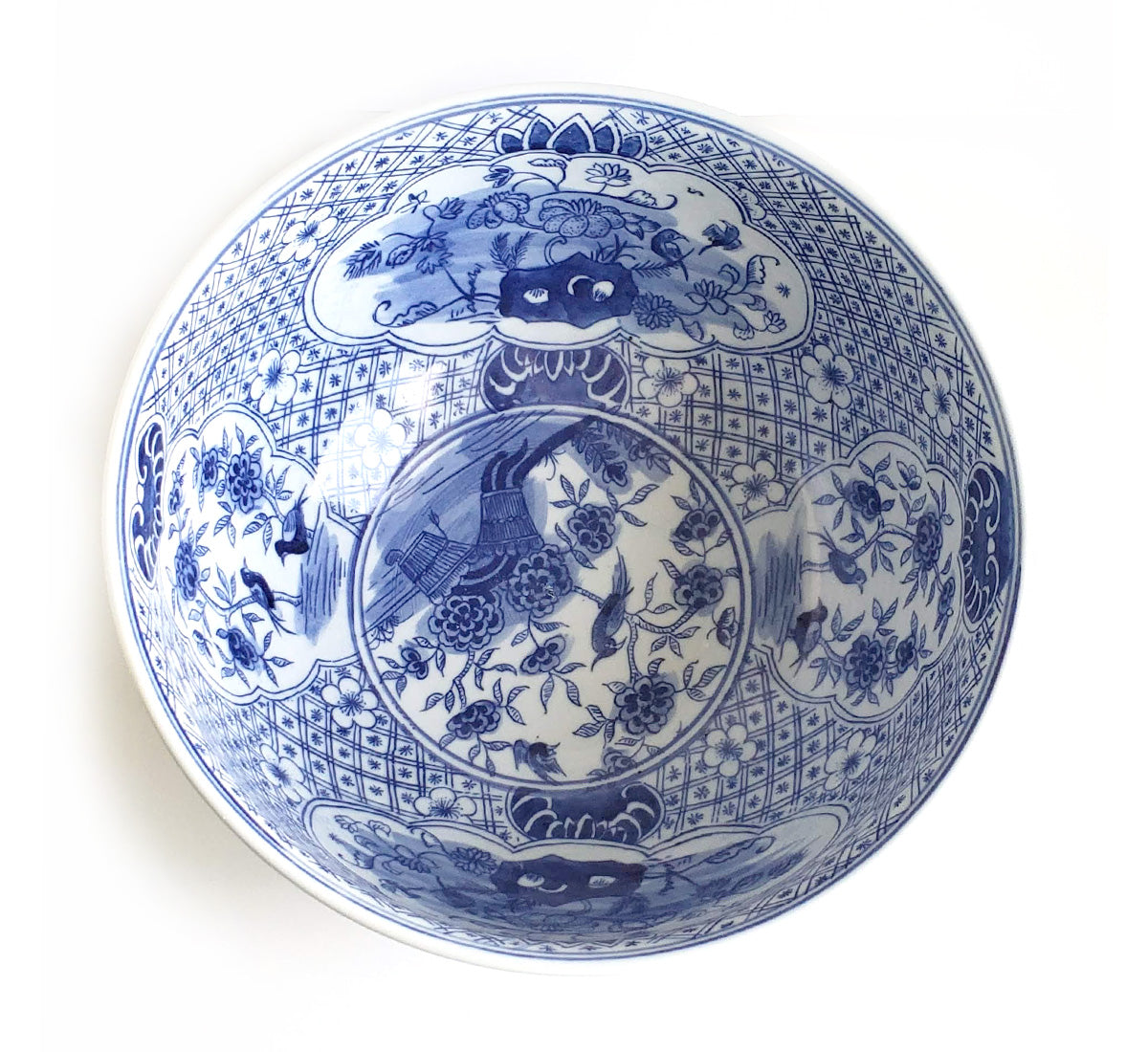 Blue & White Chinoiserie Handpainted Large Floral Bowl