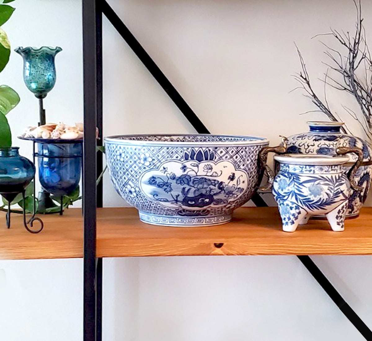 Blue & White Chinoiserie Handpainted Large Floral Bowl