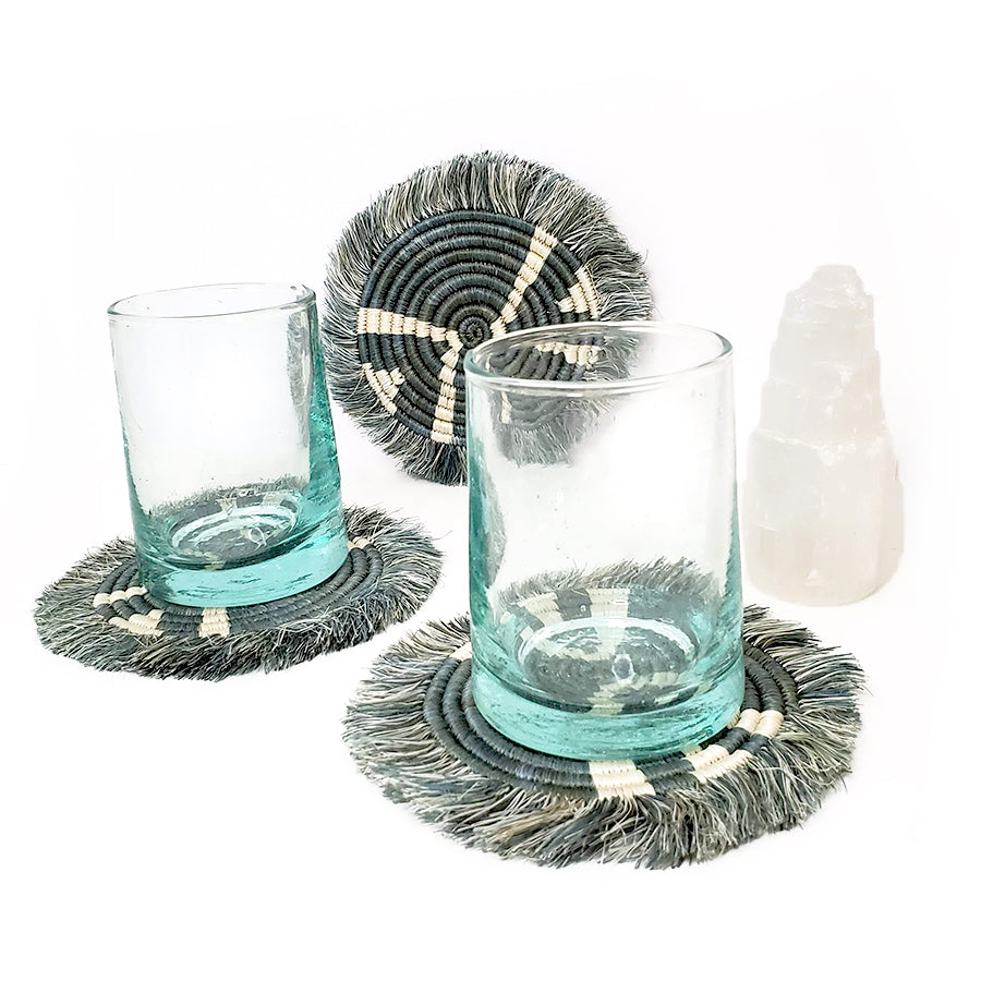 Handwoven Mirage Gray Mlima Fringed Coasters