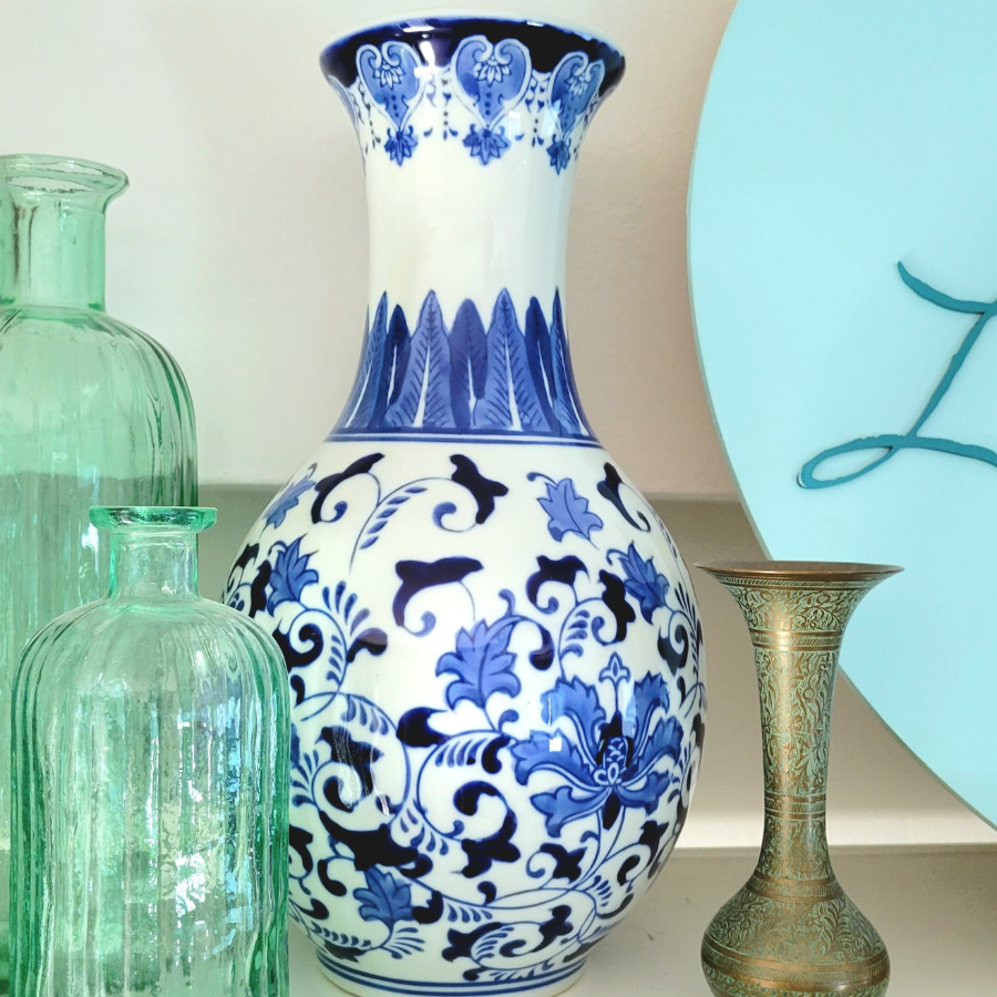Blue & White Chinoiserie Pottery Vase - Large