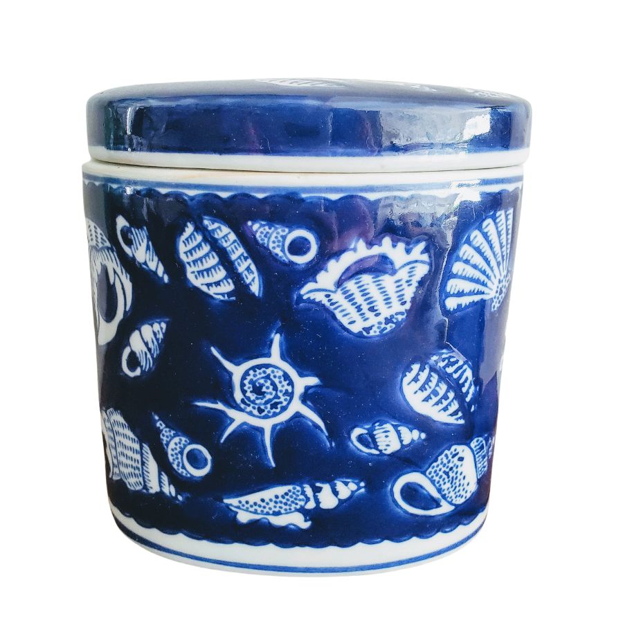 Blue & White Chinoiserie Handpainted Shell Jar