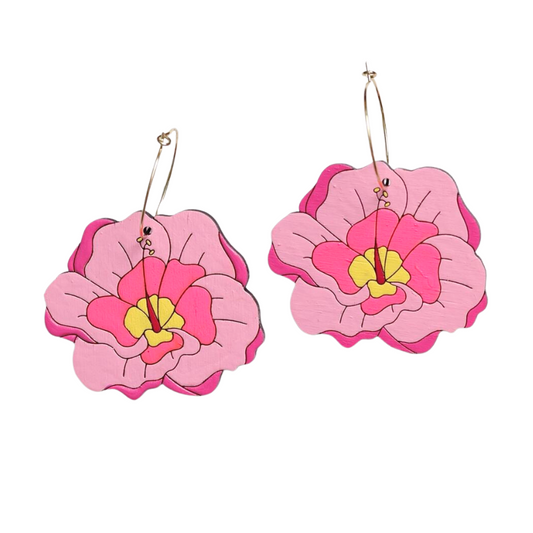 Hibiscus Flower Hoop Dangle Earrings