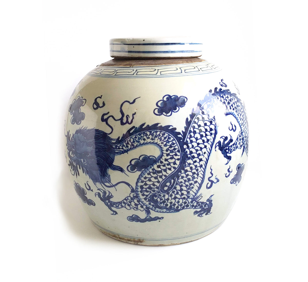 Blue & White Chinoiserie Handpainted Dragon Ginger Jar
