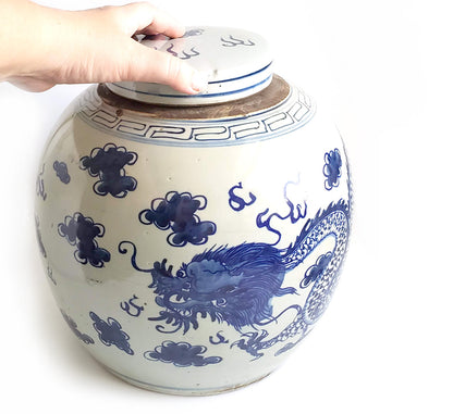 Blue & White Chinoiserie Handpainted Dragon Ginger Jar