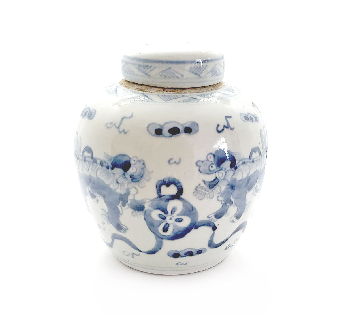 Blue & White Chinoiserie Handpainted Ginger Jar - Foo Dogs Motif