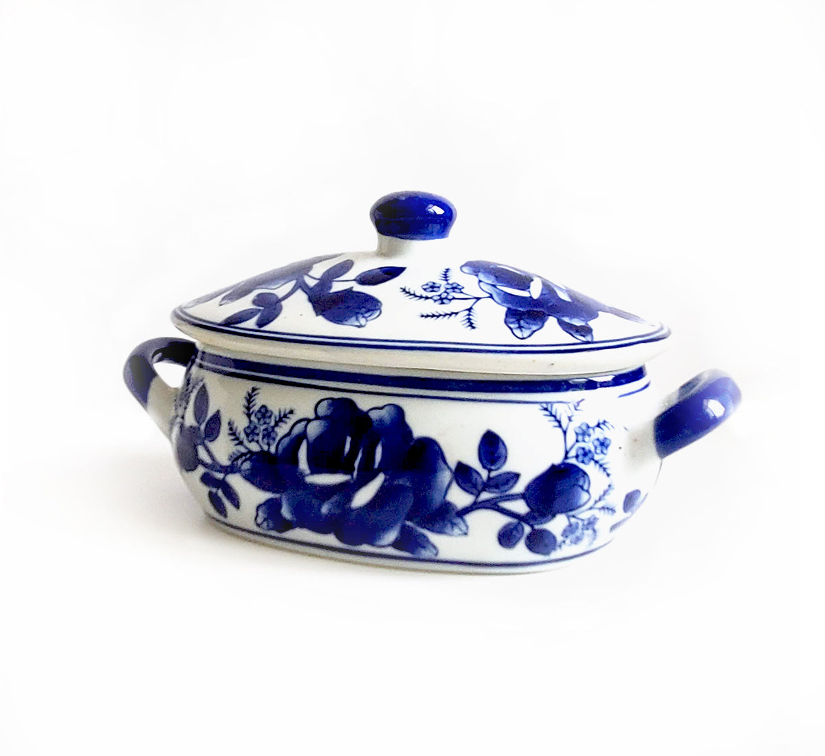 Blue & White Chinoiserie Handpainted Rose Serving Dish