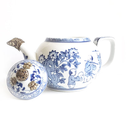 Blue & White Chinoiserie Handpainted Tea Pot - Large