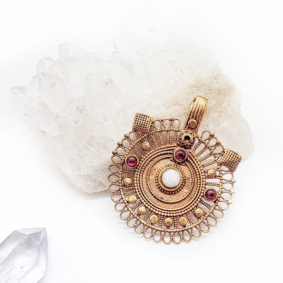 Recycled Brass Bejeweled Statement Pendant - Garnet & White Agate Gemstone (ONLY 1 LEFT)