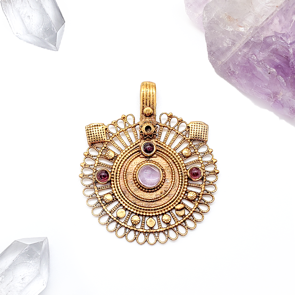 Recycled Brass Bejeweled Statement Pendant - Garnet & Amethyst Gemstone