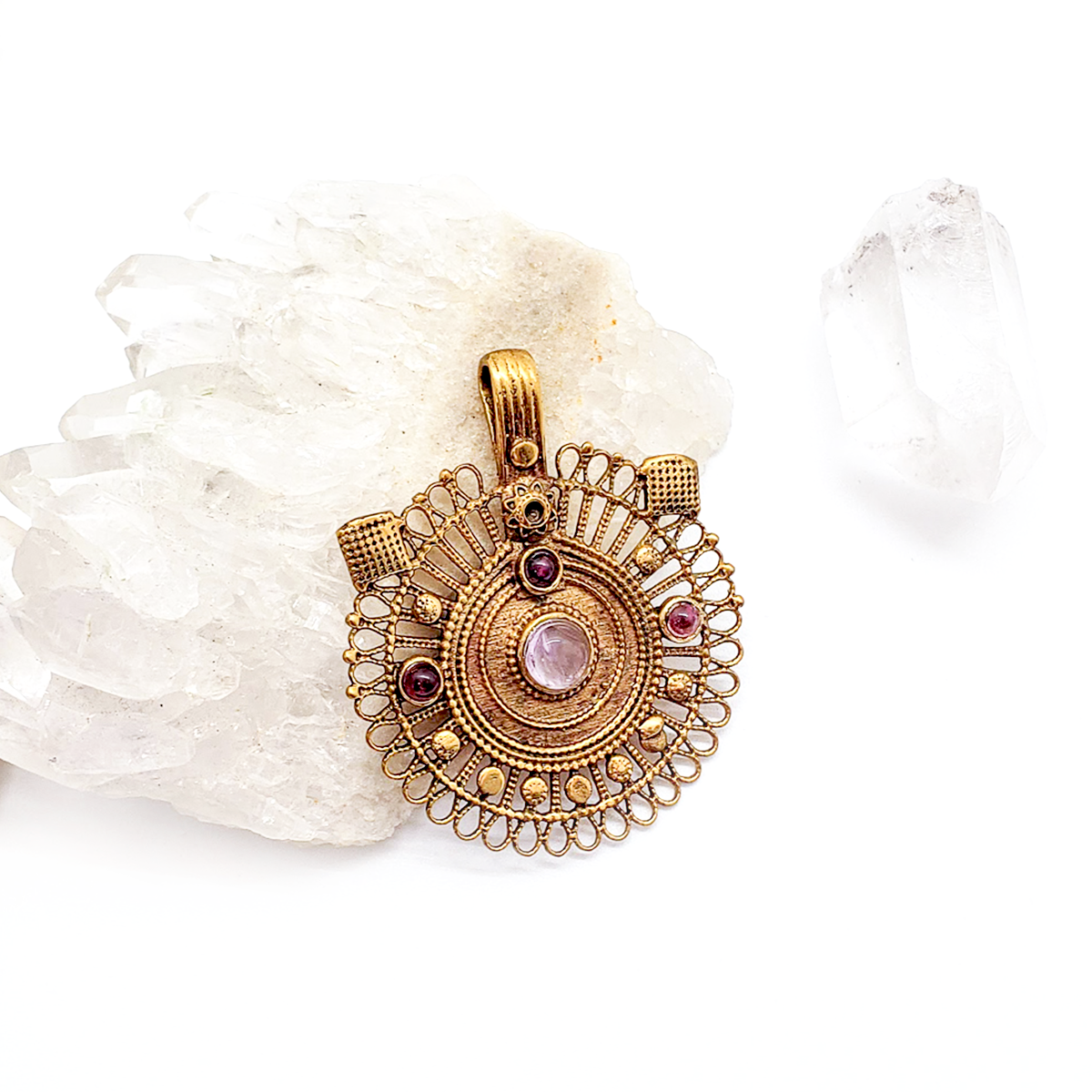 Recycled Brass Bejeweled Statement Pendant - Garnet & Amethyst Gemstone