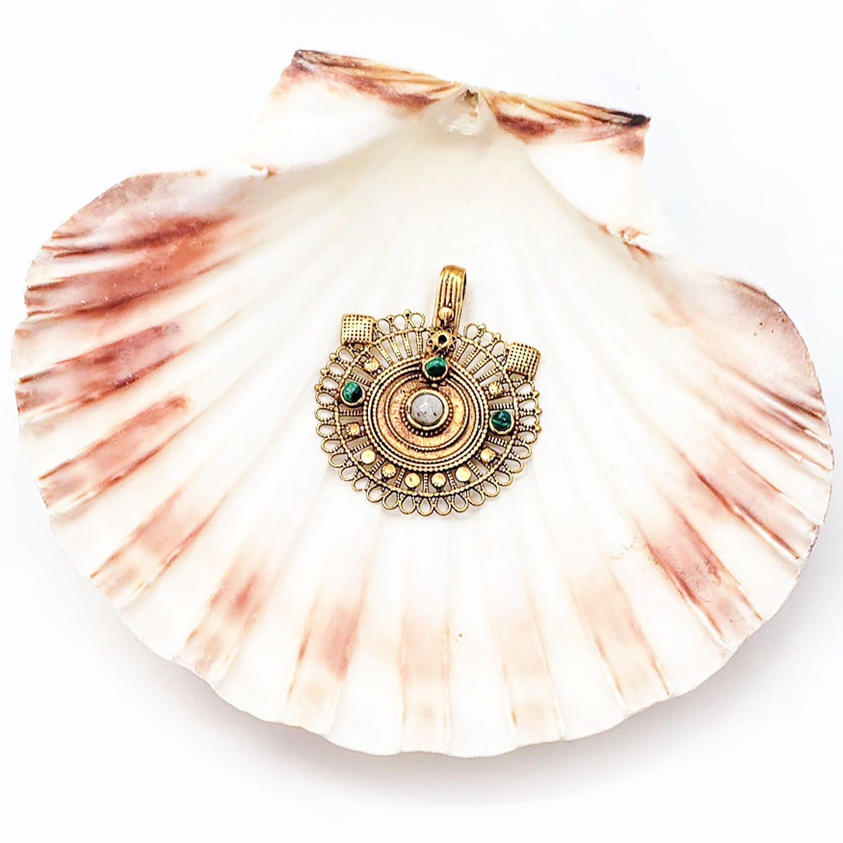 Recycled Brass Bejeweled Statement Pendant - Malachite & White Agate Gemstone