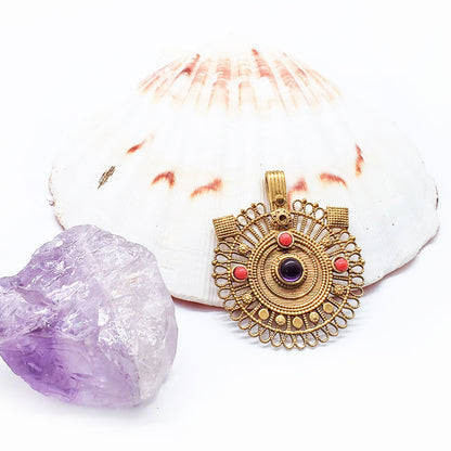 Recycled Brass Bejeweled Statement Pendant - Red Coral & Amethyst Gemstone