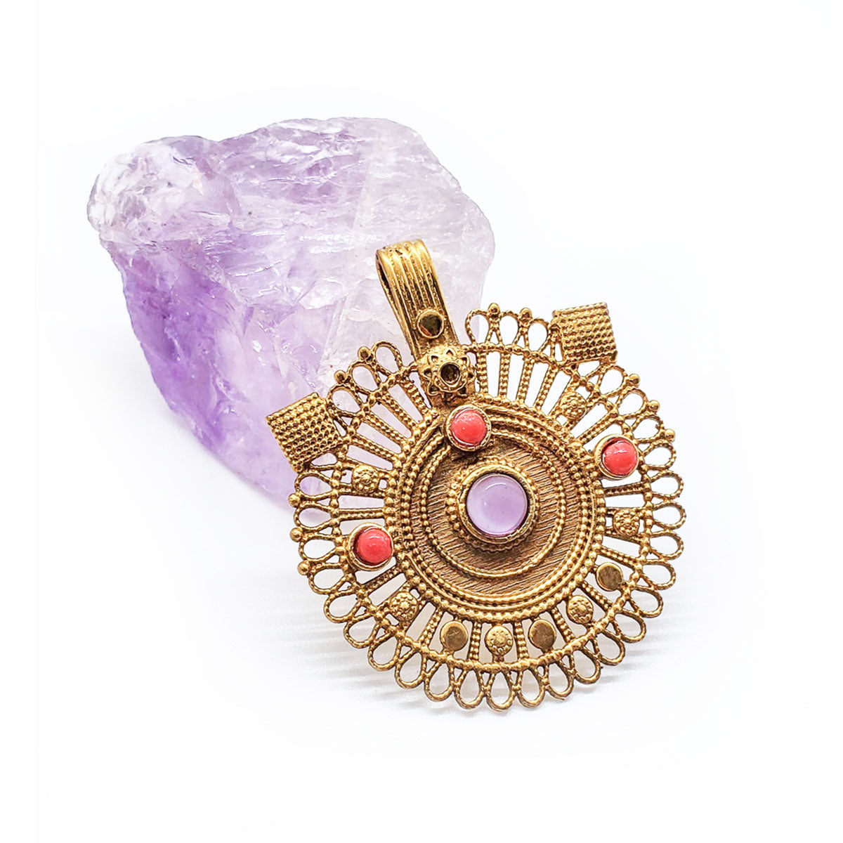 Recycled Brass Bejeweled Statement Pendant - Red Coral & Amethyst Gemstone