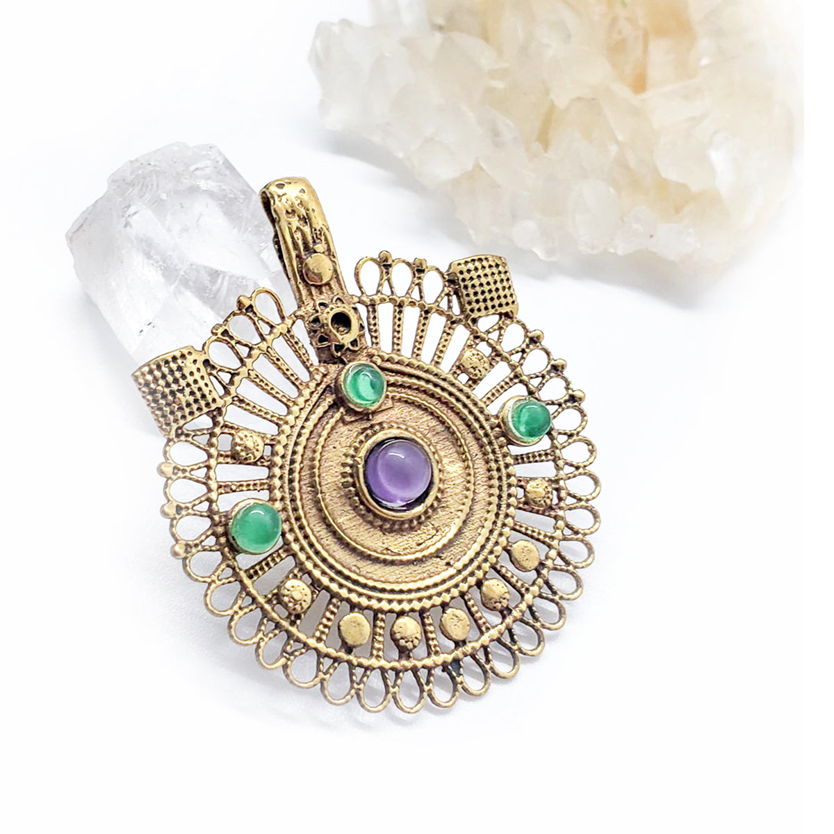 Recycled Brass Bejeweled Statement Pendant - Green Apatite & Amethyst Gemstone