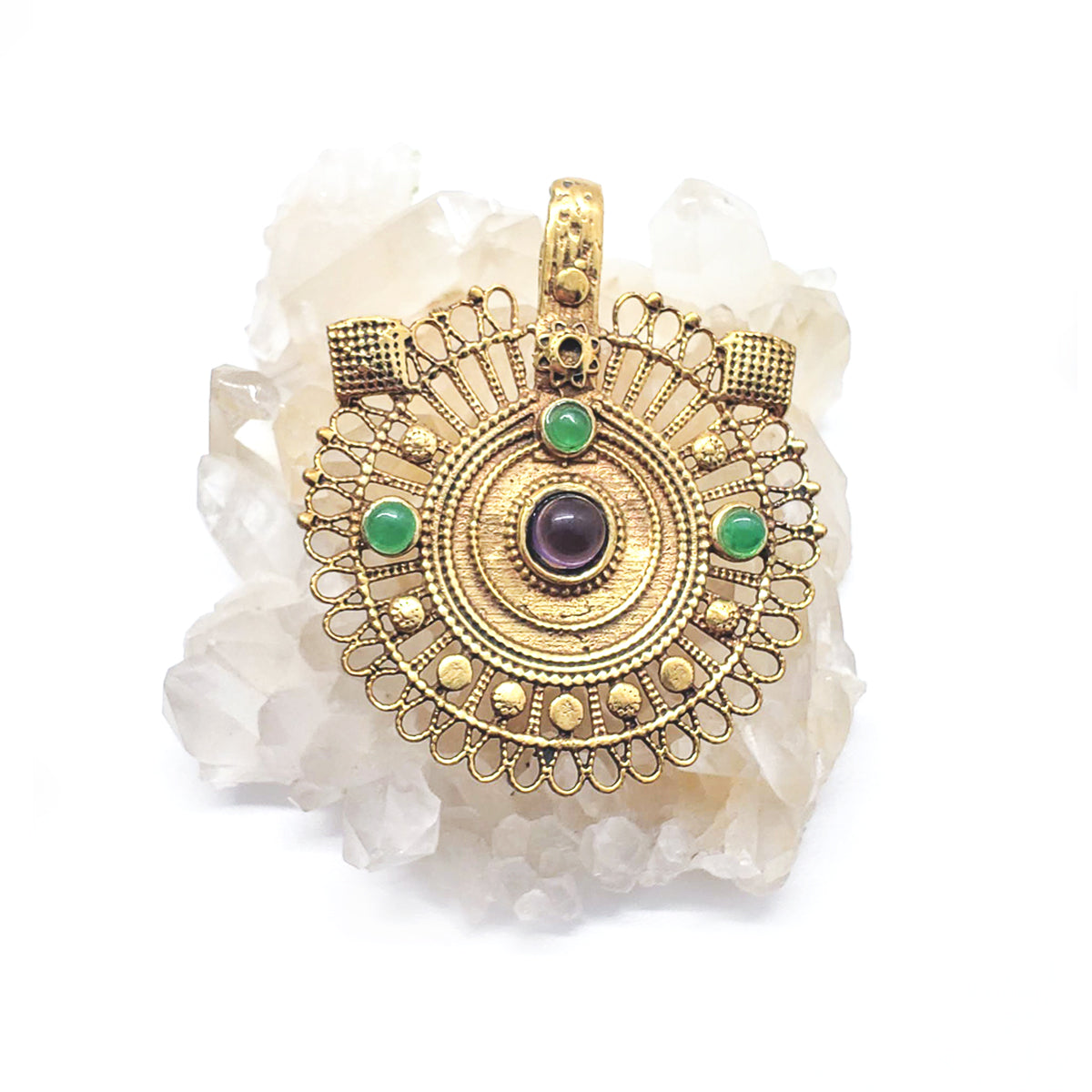 Recycled Brass Bejeweled Statement Pendant - Green Apatite & Amethyst Gemstone