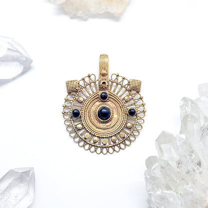 Recycled Brass Bejeweled Statement Pendant - Onyx Gemstone