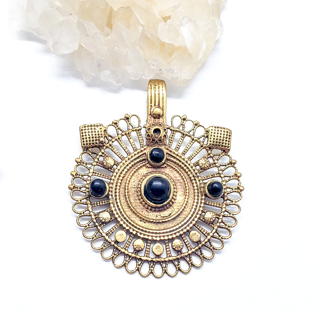 Recycled Brass Bejeweled Statement Pendant - Onyx Gemstone